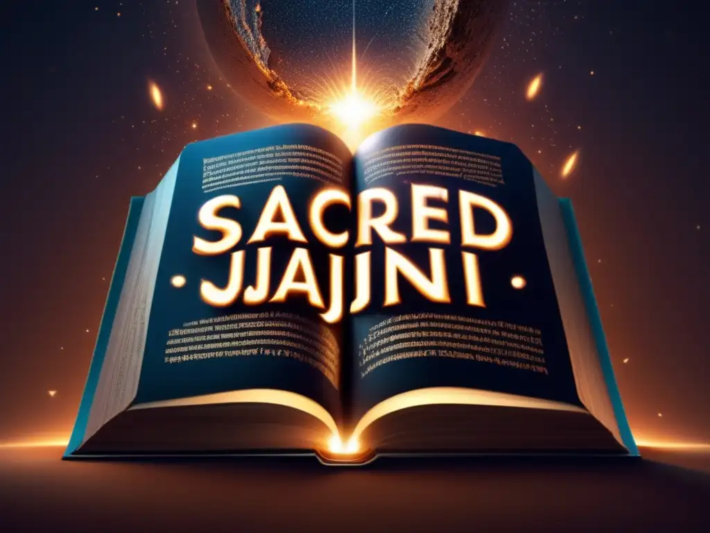 A photorealistic image depicts a sacred Jain text overlapped by an asteroid, causing displacement and instability