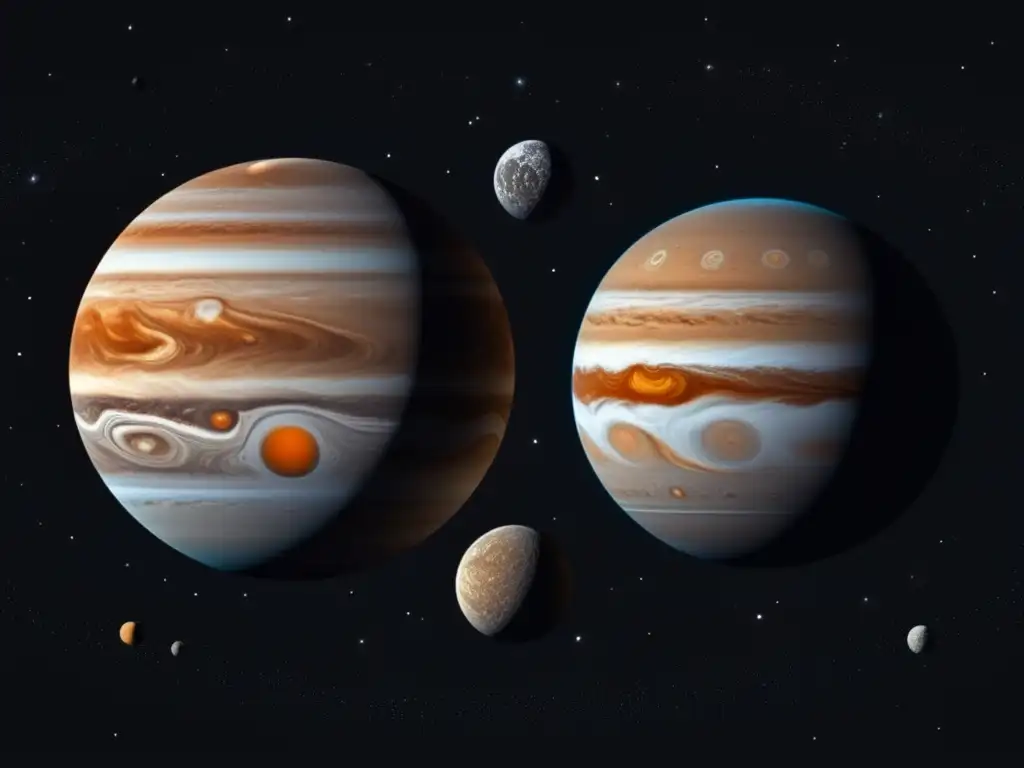 A breathtaking panoramic view of Jupiter's moons Gaspra and Ida spinning in opposite directions against a black backdrop
