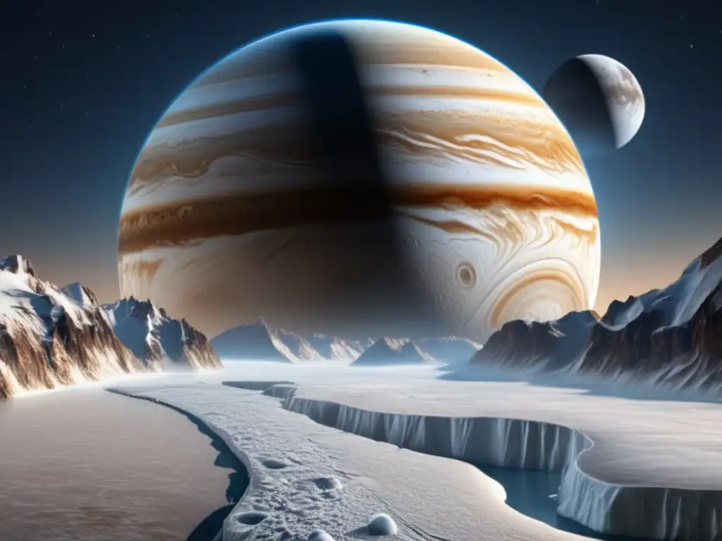 Photorealistic image of Europa, Jupiter's icy moon, bathed in sunlight