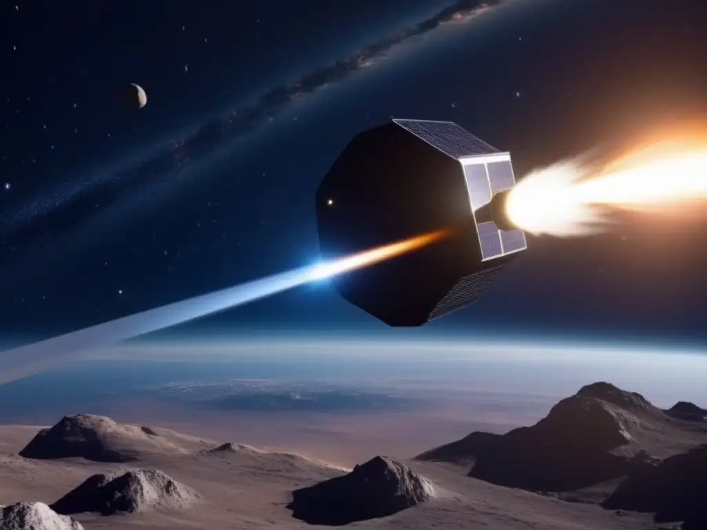 An awe-inspiring image of a kinetic impactor in space, showcasing the revolutionary technology used in asteroid defense