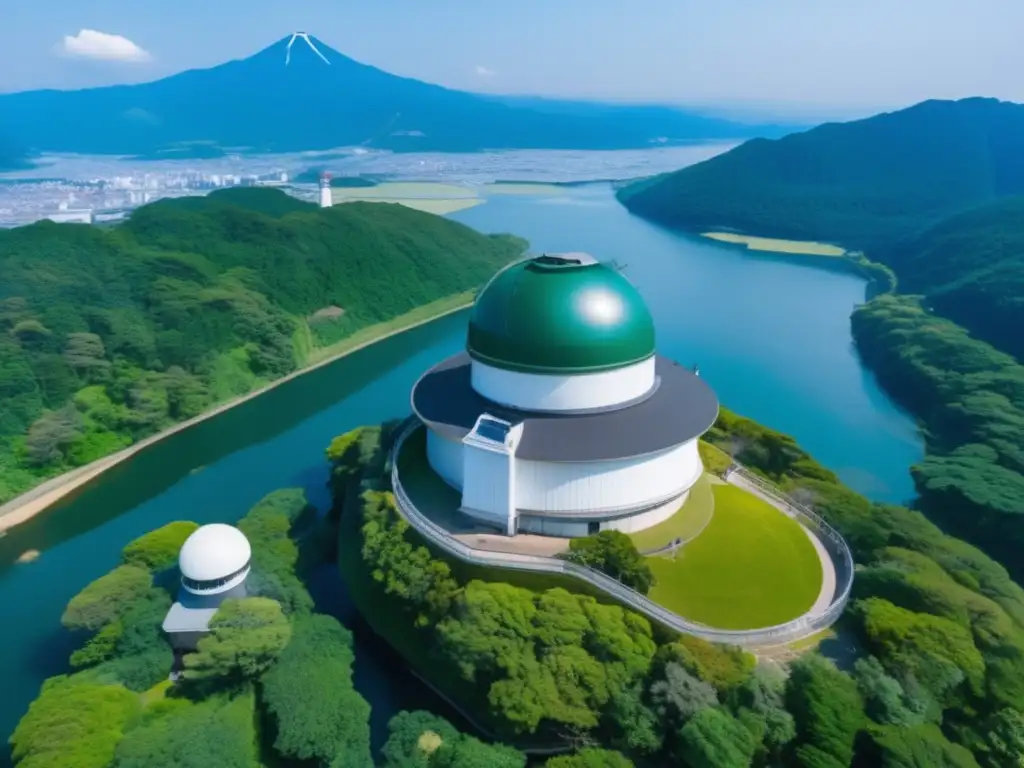 An aerial view of the Kiso Observatory in Japan, where the Kiso River flows in the foreground