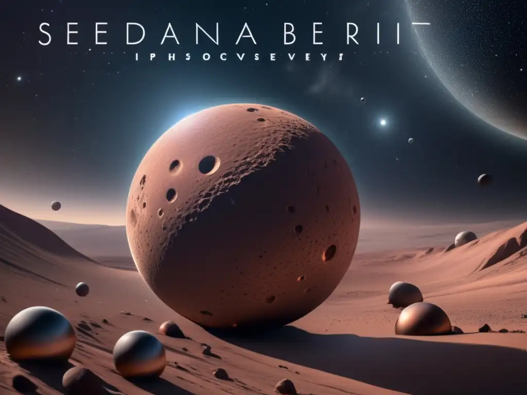 Planet Sedna, captured in stunning photorealism, stands alone amidst the mysterious expanse of the Kuiper Belt