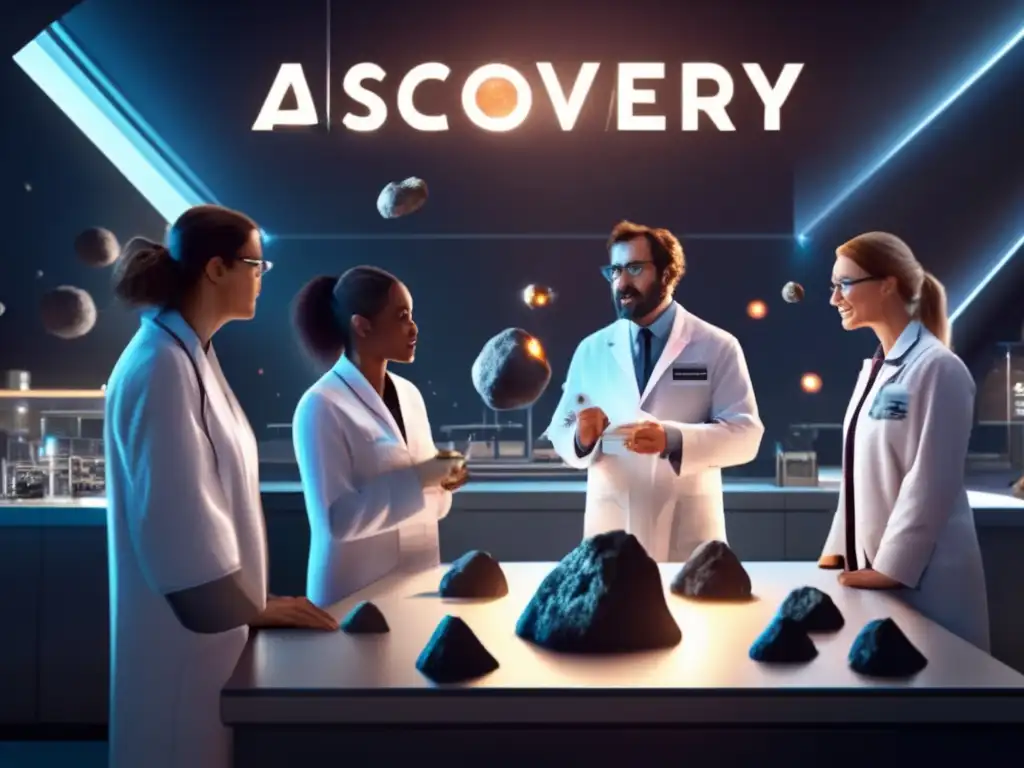 A photorealistic depiction of a group of scientists in a laboratory, surrounded by towering instruments, with two asteroids floating in the background