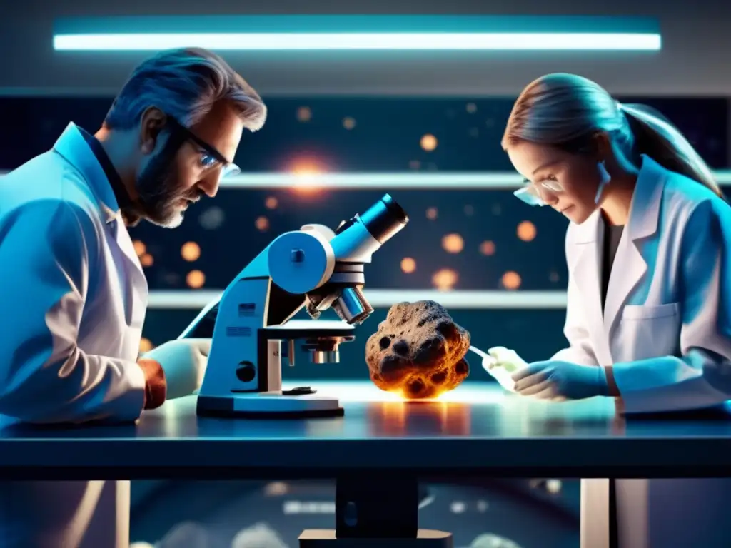 A breathtaking photorealistic image of a dedicated team of scientists in a state-of-the-art lab, meticulously studying an asteroid model under a microscope or utilizing cutting-edge technology to analyze its composition and trajectory, with a sense of intense focus and determination