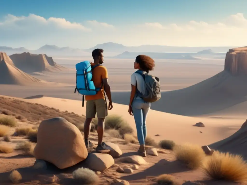 A breathtaking 8k image of a couple exploring the rugged wilderness, with a backpack, camera, and water bottle in tow