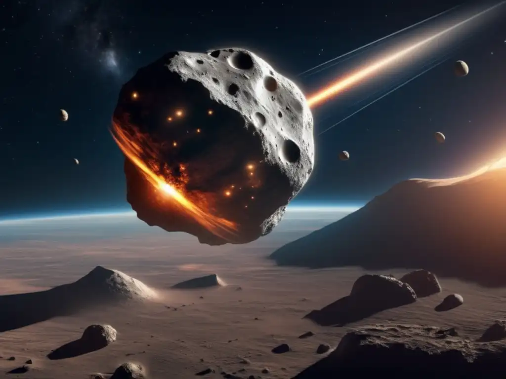 A photo of an asteroid in space deflected away from Earth by a futuristic satellite array, with both objects rendered in incredible detail