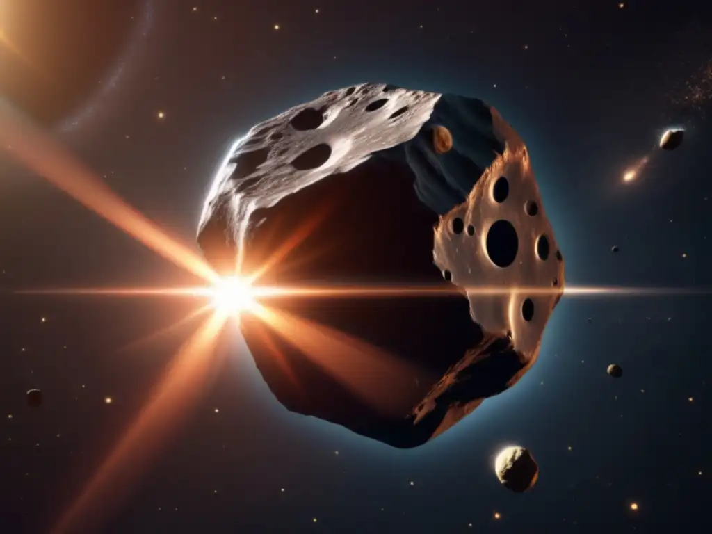 A mesmerizing photorealistic image of a large asteroid, resembling Thia, orbits through space with an intense, golden sun in the backdrop