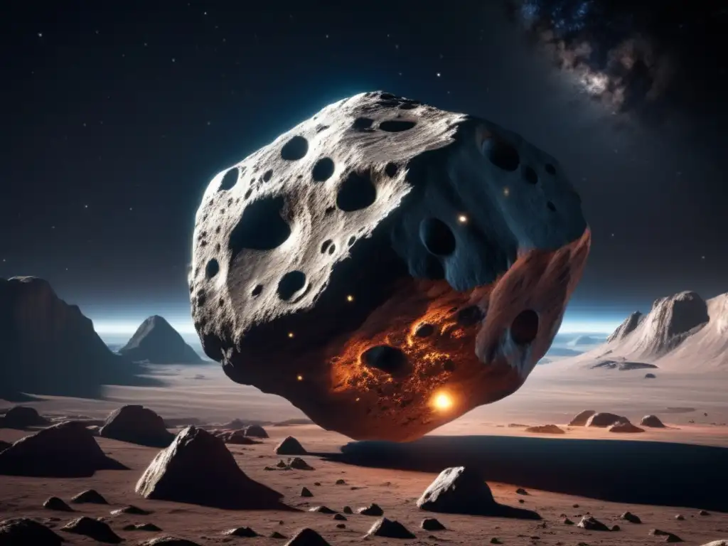 A photorealistic depiction of a massive asteroid hurtling towards Earth, with intricate surface details and rock formations on display