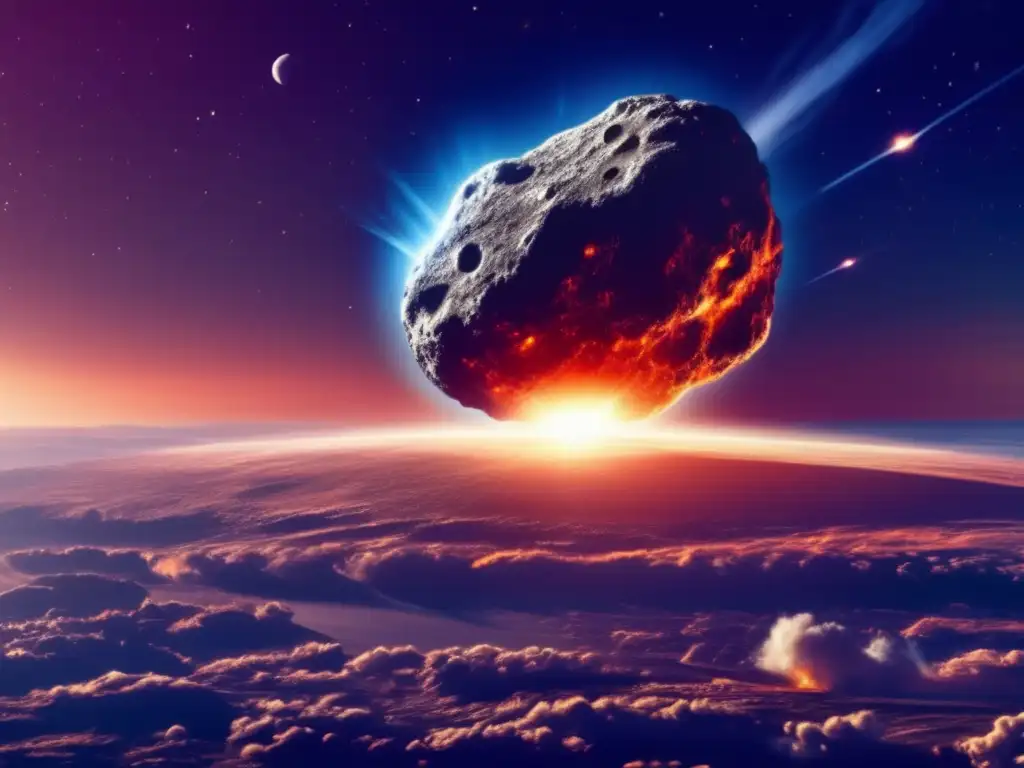 A large asteroid approaches Earth with urgency and danger, emitting a strange glow and casting a warm golden light over the scene