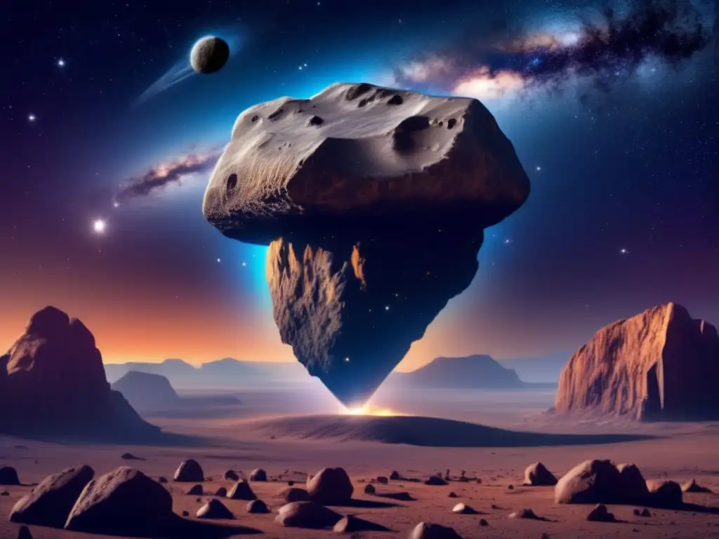 A photorealistic portrayal of a mountain-sized asteroid rotating in space against a stunning backdrop of stars, galaxies, and nebulae