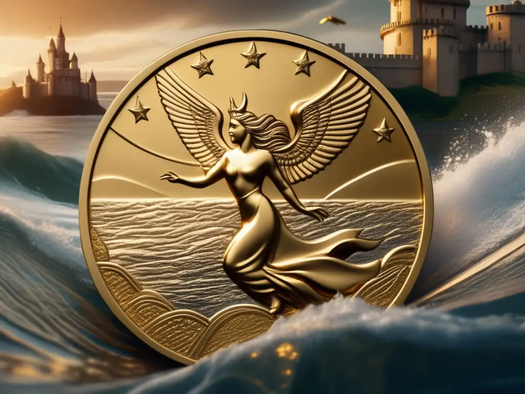 A golden enchantress in flight, holding a coinscealed treasure, with a castle beyond the horizon--