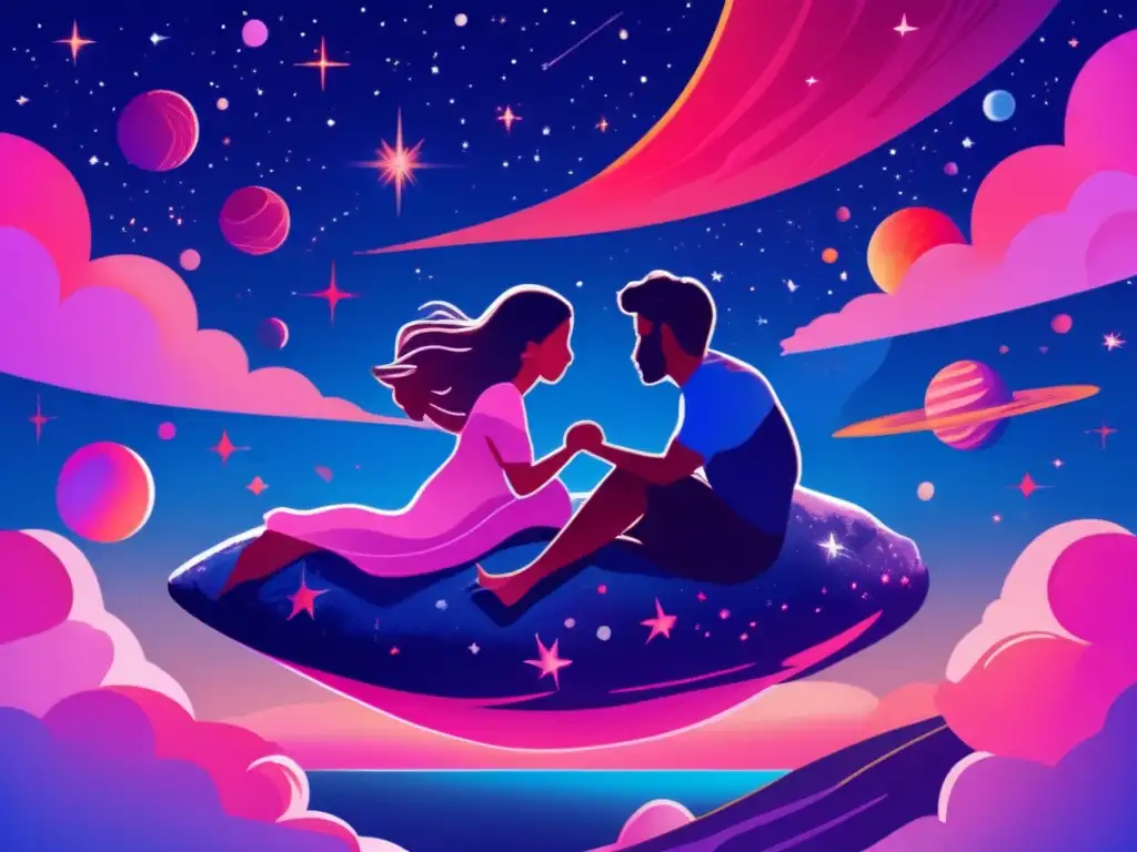 Passionate lovers float on an asteroid amidst celestial wonders, bathed in warm sunlight and surrounded by soft shadows