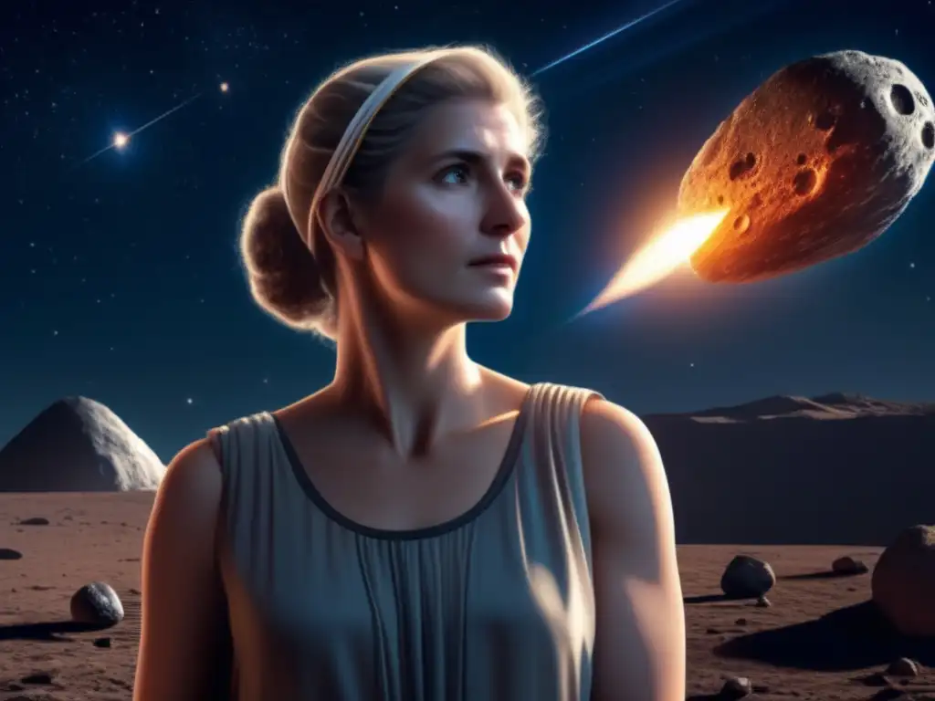 Lucretia, the first woman-named asteroid, solemnly gazes at the bright celestial object in the distance, her ancient Roman attire reflecting the grandeur of the cosmos around her