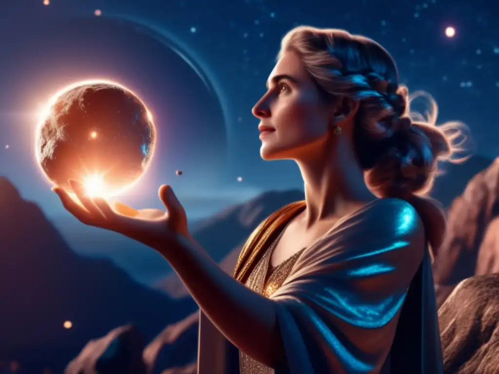 Lucretia, reaching out to touch the magnificent asteroid, her facial profile illuminated by its sparkling light