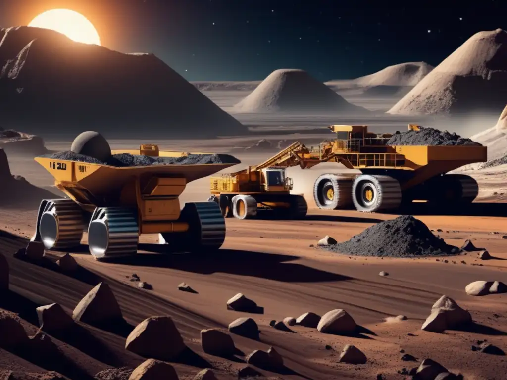 An enthralling, photorealistic image of an asteroid excavation site, captured in a harsh, moon-like environment