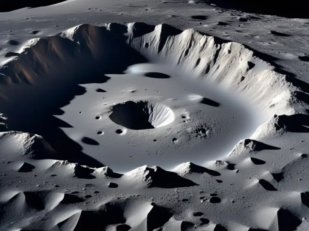 A stunning image of a newly formed lunar crater with a 50-meter diameter, its jagged edges standing out against the undulating terrain