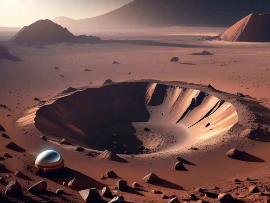 A breathtaking photorealistic image of an impact crater on a barren planet, with intricate details of the ground surface, crater rim, and inner floor