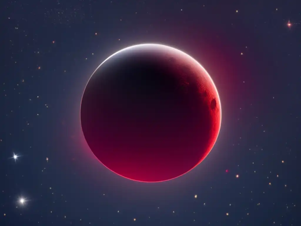 A breathtaking photorealistic image of a lunar eclipse with a blood-red color against a starry background