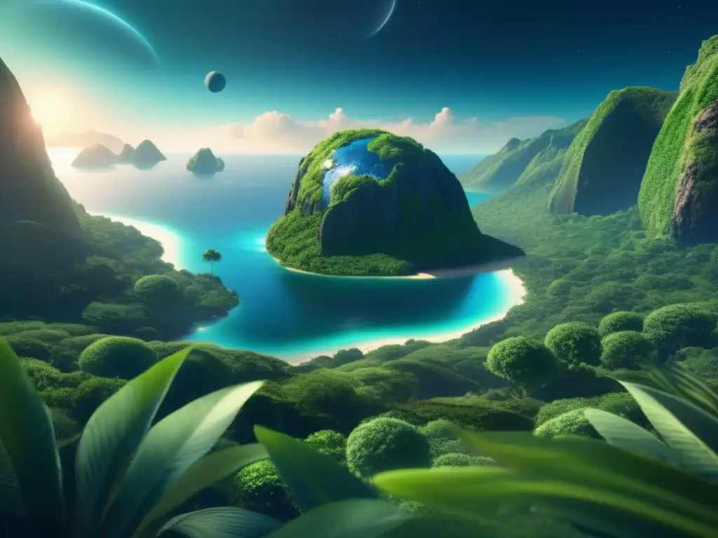 Amidst a vibrant, terraformed equatorial landscape, lush foliage, and azure oceans reveal the ethereal beauty of the Egeria asteroid podrays - Ecological engineering brought to life