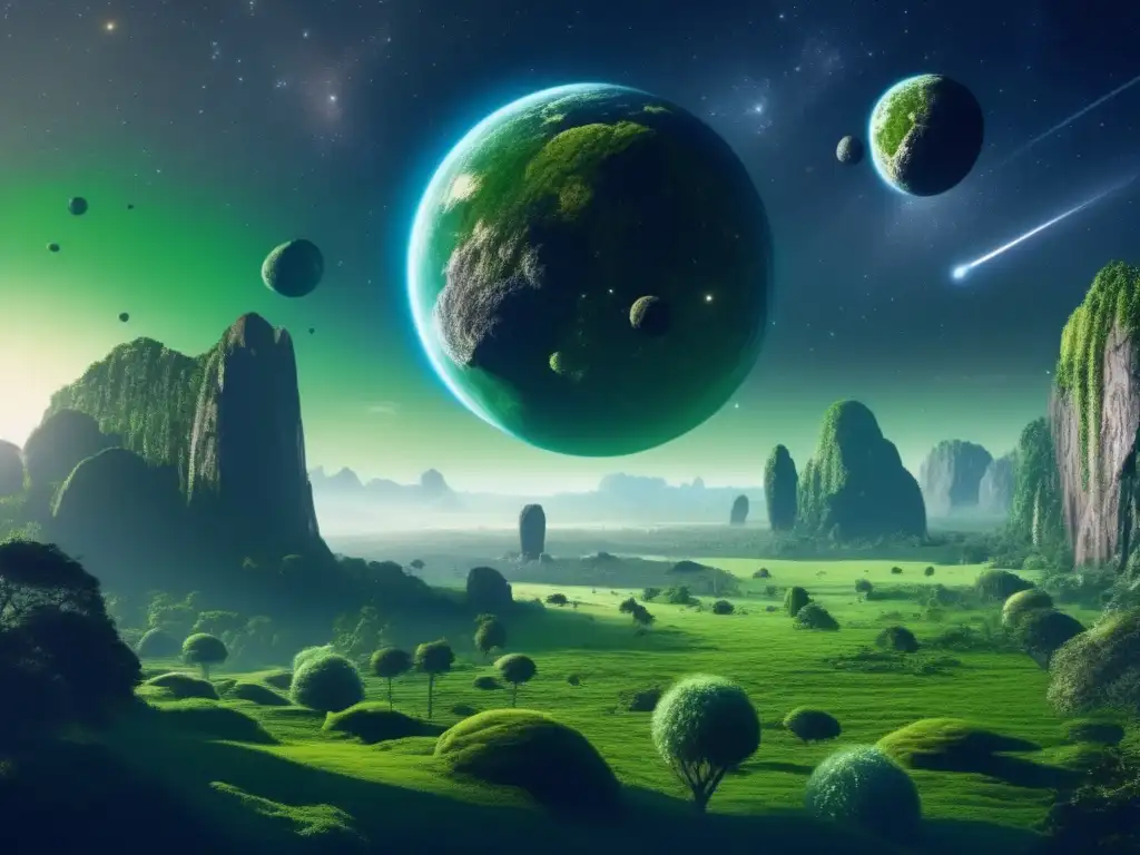 An verdant planet surrounded by a scattered asteroid field, holding the potential for life beyond our own planet