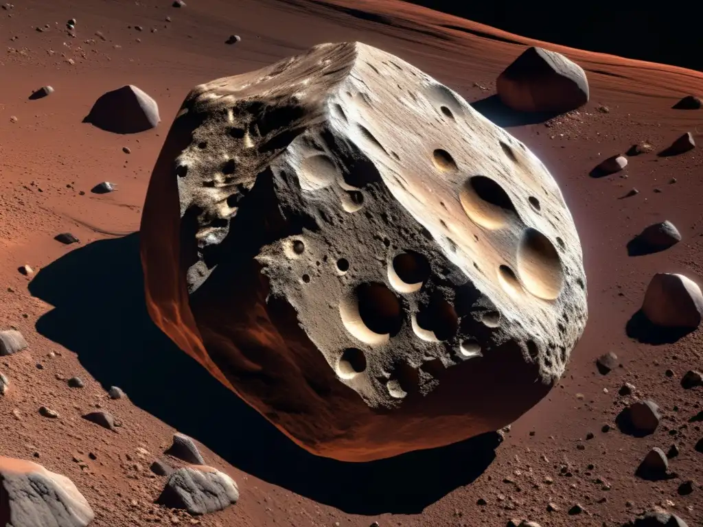 Detailed photorealistic depiction of Lutetia, Earth's ancient asteroid remnant, with a vivid reddish hue due to iron-rich minerals