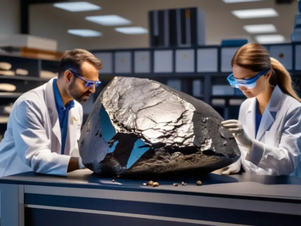 A group of scientists meticulously study a large rock specimen in a modern laboratory, using various tools and equipment to analyze its surface