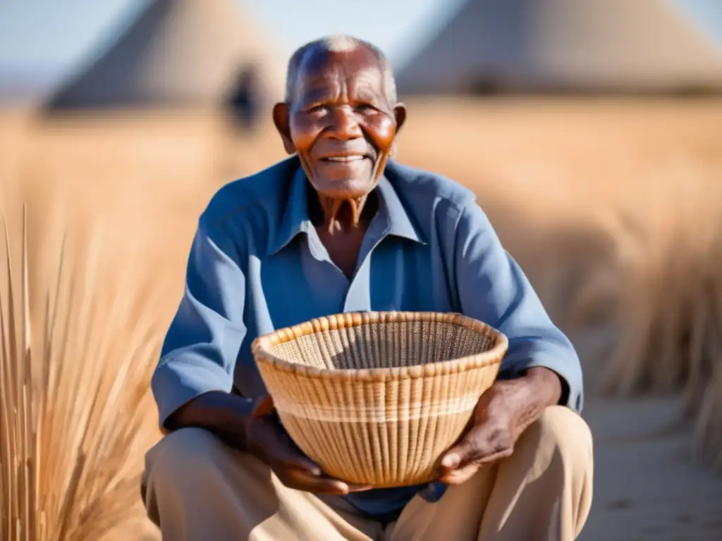A captivating close-up portrait of an elderly South African man, his weathered face holding a beautifully crafted Makgadikgadi pans isted basket, etched with precise celestial body patterns