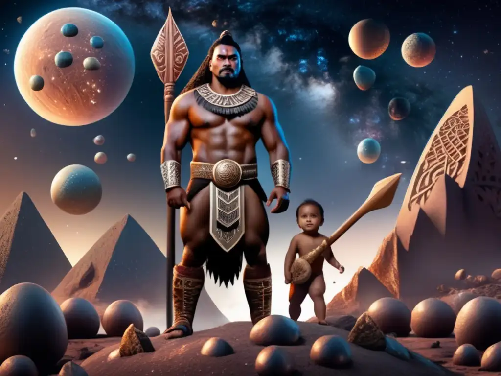 Intense Maori warrior Hurupepe glares into void on gigantic asteroid amidst smaller ones adorned with Maori mythology carvings