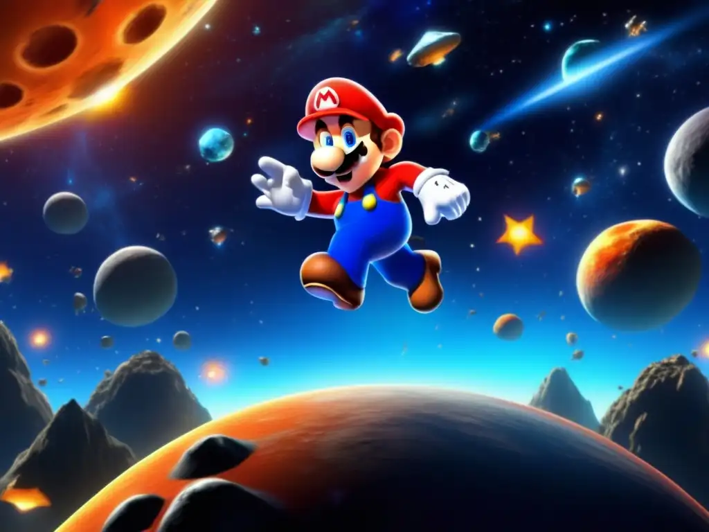 Mario bravely jumps on a precarious platform, dodging an intense asteroid field in a vibrant galaxy, ready to conquer the impossible