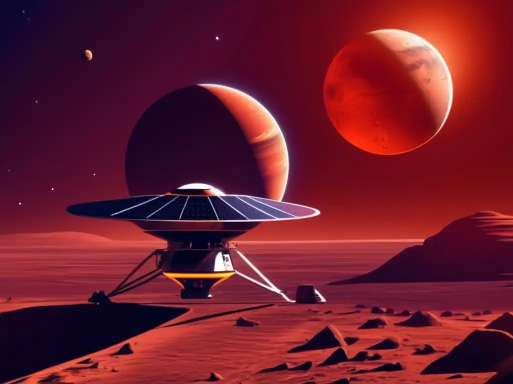 A photorealistic illustration of a spacecraft soaring past Mars, with its reddish and rocky terrain visible in the distance