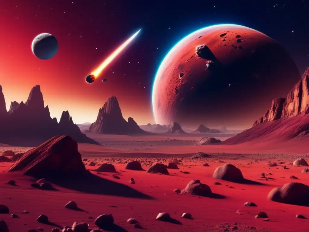 A haunting image of a Mars-like planet, its red, dusty landscape spotted with jagged mountains and lush vegetation, contrasts with the vibrant and colorful comet showering asteroids across the sky