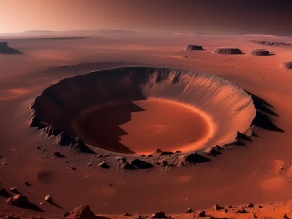 A panoramic view of a meteoroid impact crater on Mars, surrounded by barren red rock formations