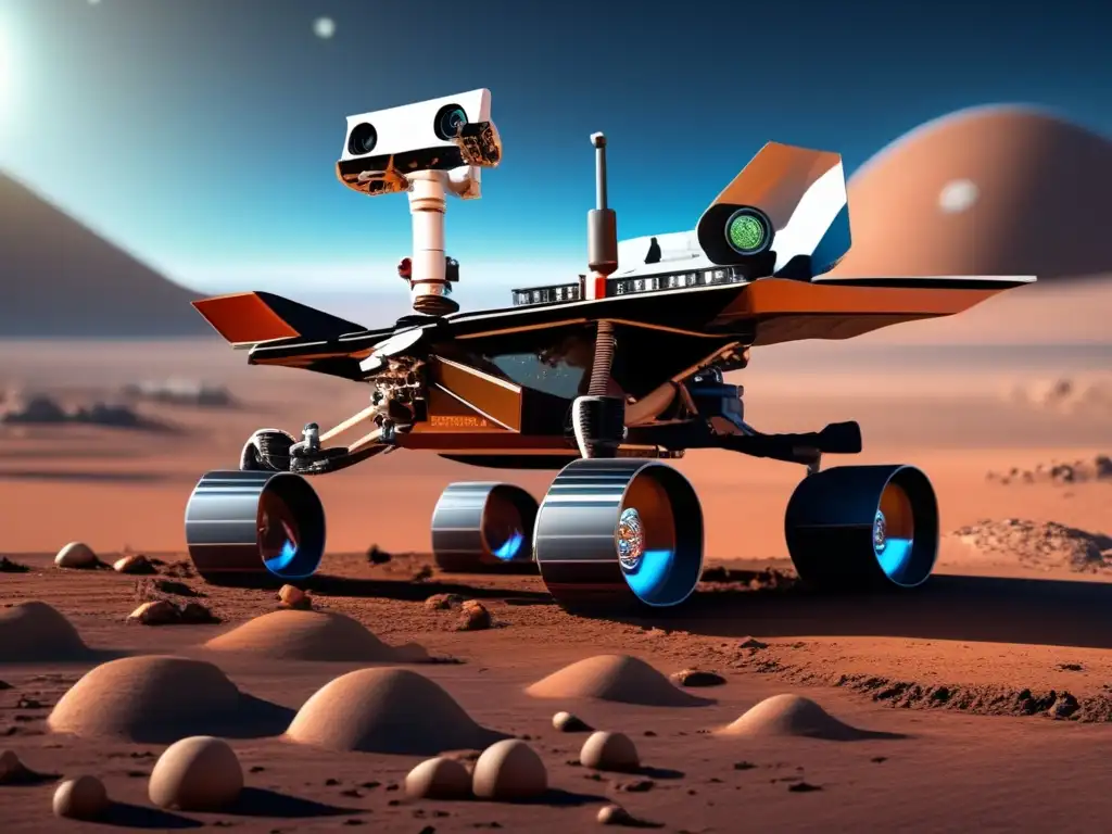 A stunning depiction of a Mars rover collecting samples from frozen soil with prospects of microbial life or panspermia evidence, set against a blue sky and a curved spaceship in the distance