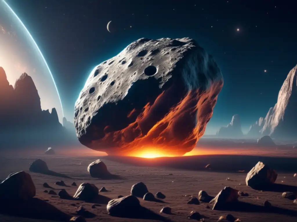 A breathtaking closeup view of a massive asteroid, with realistic textures and lighting, filling the background