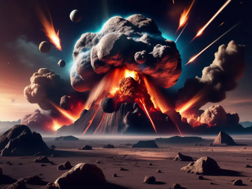 A photorealistic depiction of an asteroid colliding with Earth, causing an immense explosion of smoke and debris