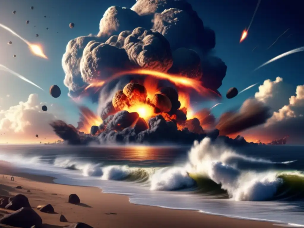 A massive asteroid collides with Earth, causing a catastrophic explosion and subsequent shockwaves and tsunamis