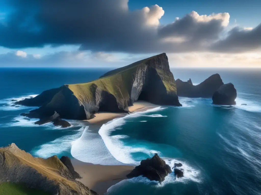 Majestic cliffs and waves crash ashore as an asteroid looms ominously above in the dark, overcast sky