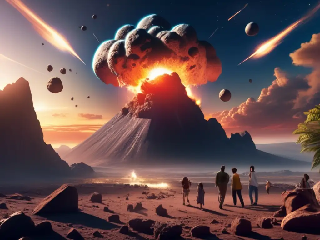 A photorealistic depiction of a massive asteroid impact on Earth reveals intricate debris and craters, with people and animals impacted
