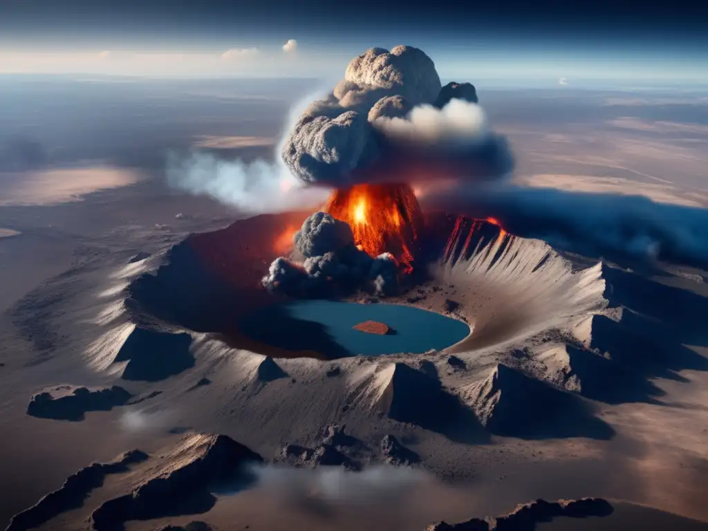 A powerful asteroid impact has left a massive crater visible from space, surrounded by a haze of ash and debris