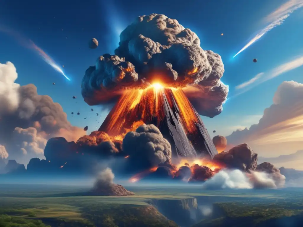 A breathtaking view of an asteroid exploding against a peaceful blue sky, causing widespread devastation to the surrounding landscape