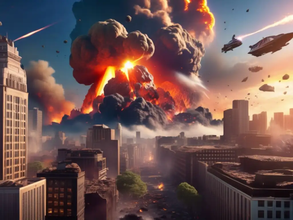 A terrifying asteroid impact on a city causes destruction, chaos, and panic in this photorealistic image