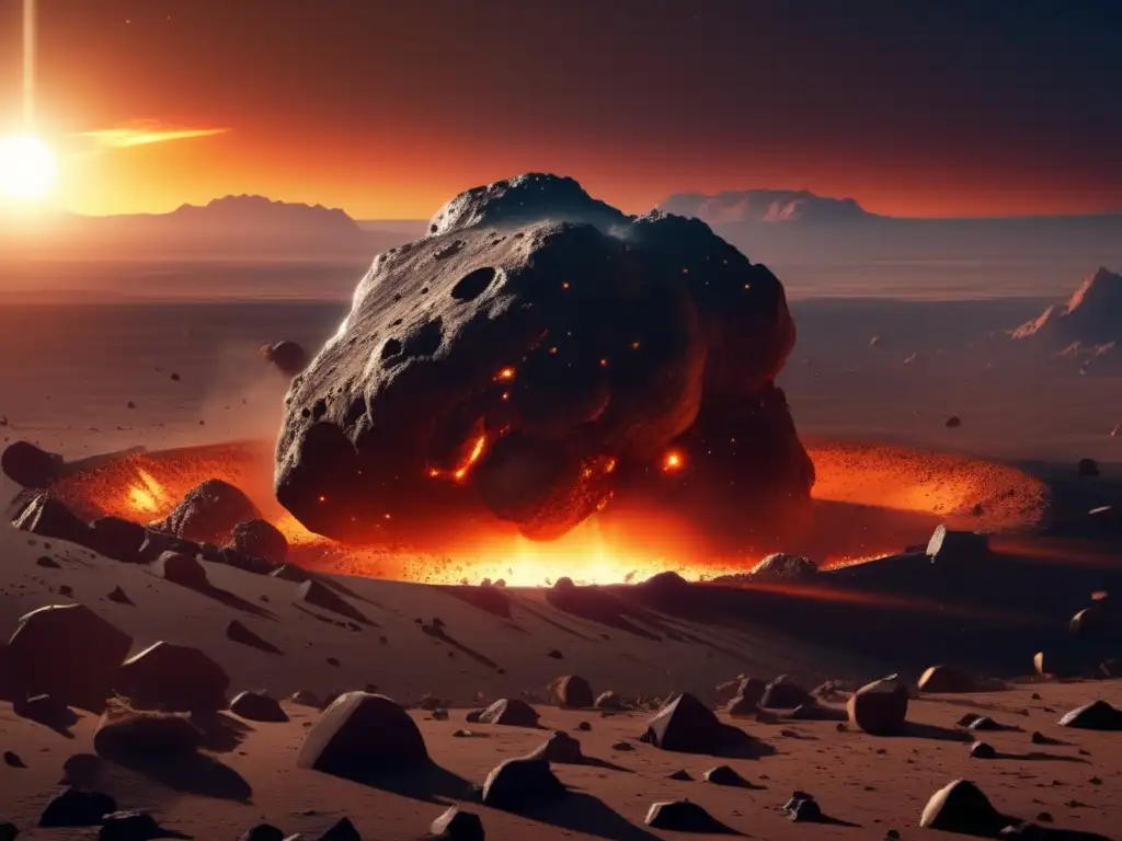 A captivating photorealistic image of a massive asteroid, hovering above a barren landscape, surrounded by smoke and debris while emitting fiery heat