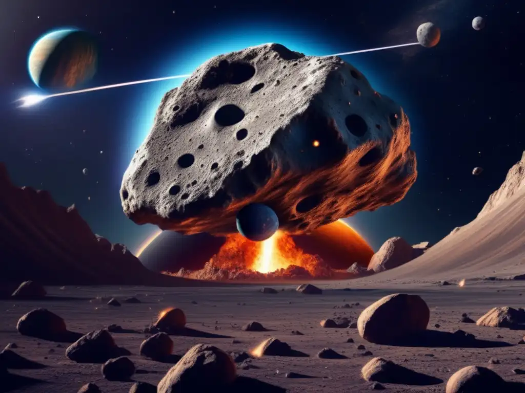 A photorealistic image of a massive asteroid hurtling through space, with intricate details of the rocky surface and craters visible from afar