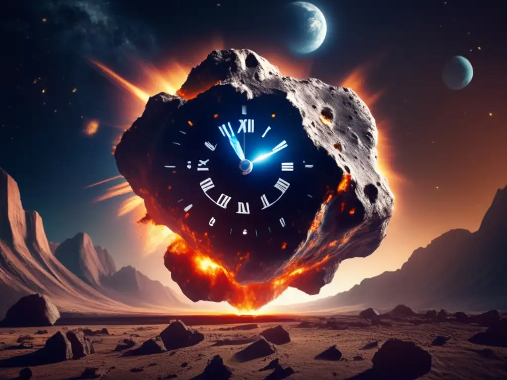 A photorealistic image of a massive asteroid speeding towards Earth, with a clock visualization that indicates the impending impact in seconds