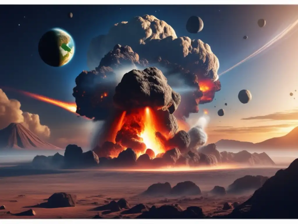 A photorealistic image of a massive asteroid colliding with Earth during the CretaceousTertiary extinction event, with impact details clearly visible