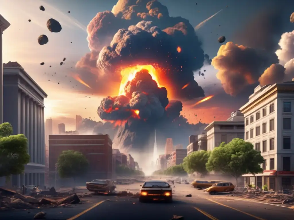 Dash: A massive asteroid impact on a densely populated city - the explosion is depicted with utmost realism, shattering buildings, cars, and trees