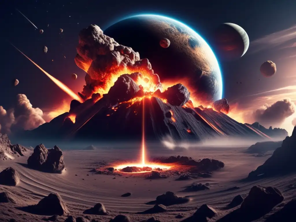 Massive asteroid crashing into a planet, creating chaos and destruction