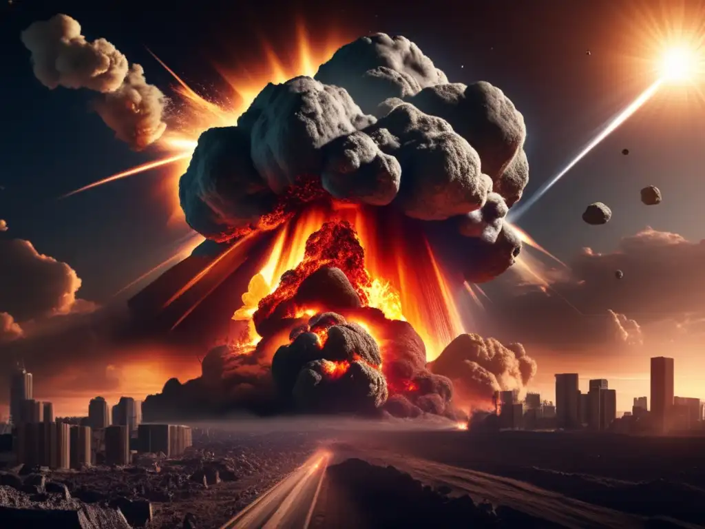 An apocalyptic scene unfolds as a monstrous asteroid crashes into our planet, triggering a massive explosion that sends a plume of ash and debris into the sky