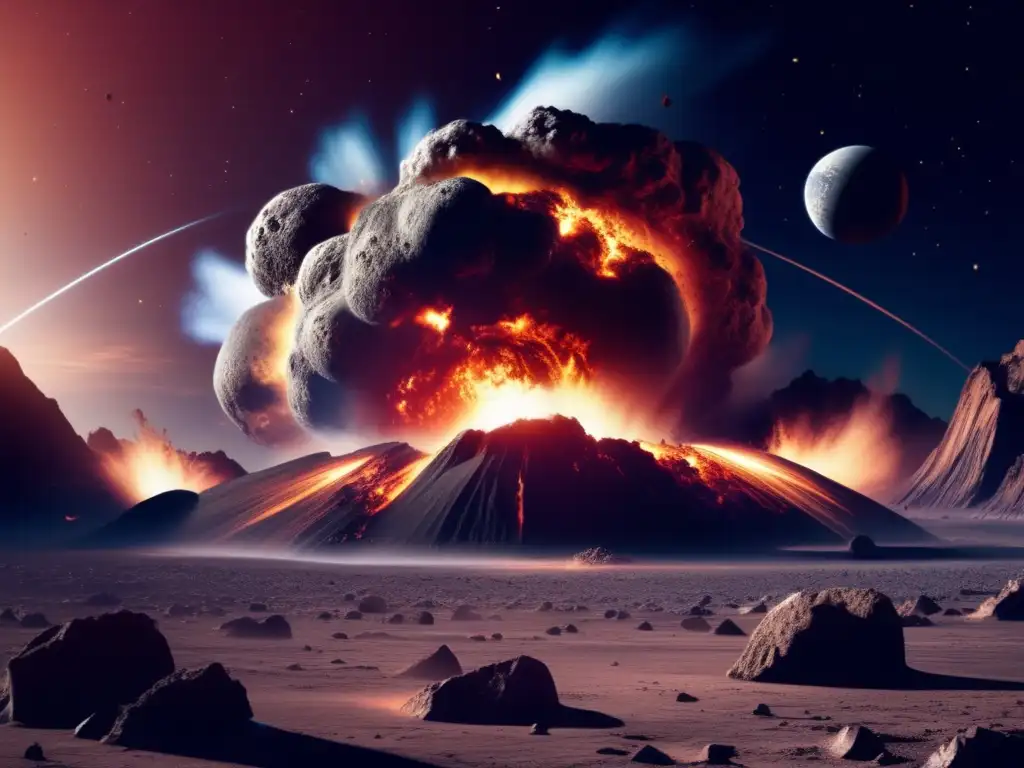 A massive asteroid collides with a nearby planet, shattering and releasing shock waves that trigger tsunamis on distant shores