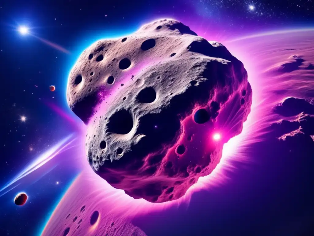Photograph of a massive asteroid falling from space, surrounded by swirling clouds of pink and blue dust